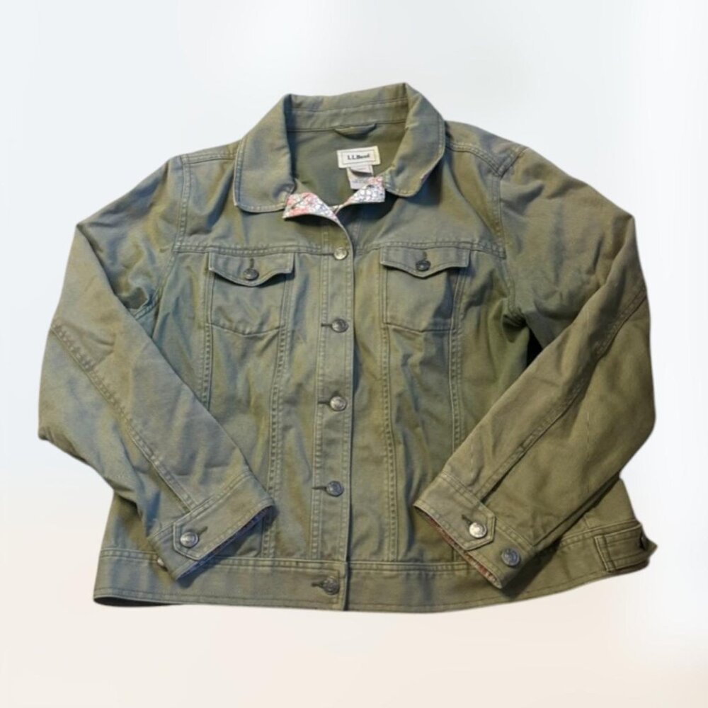 L.L. Bean Denim Jacket Small Green Floral Utility Canvas Trucker Jacket Womens L